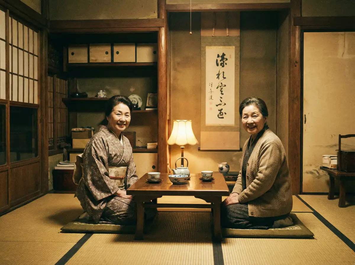 两位优雅的 七星体育网站 在日式茶室中品茶交谈